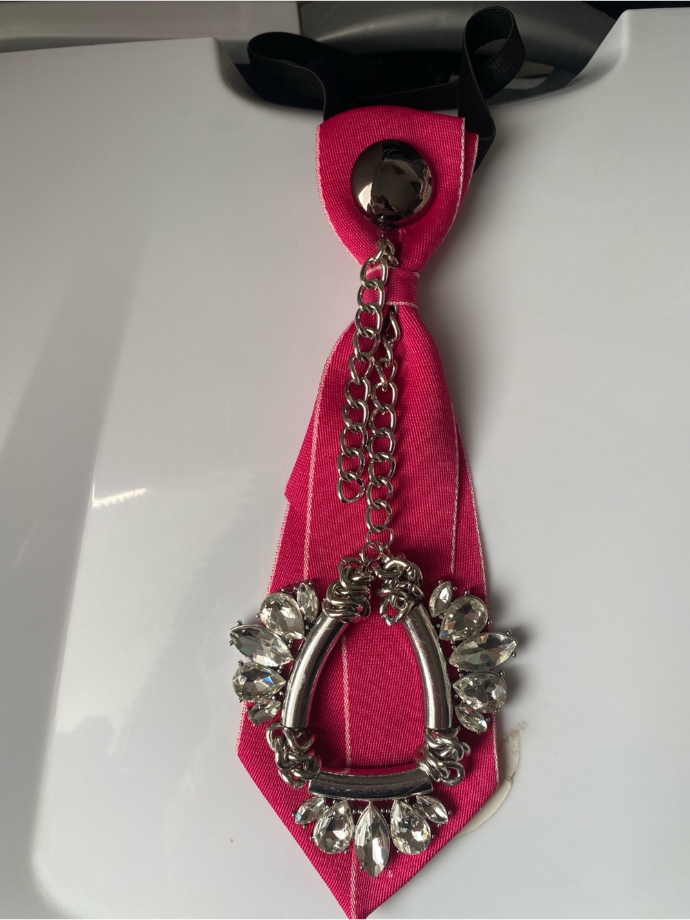 Pink Statement Ribbon Necklace with Crystal Pendant